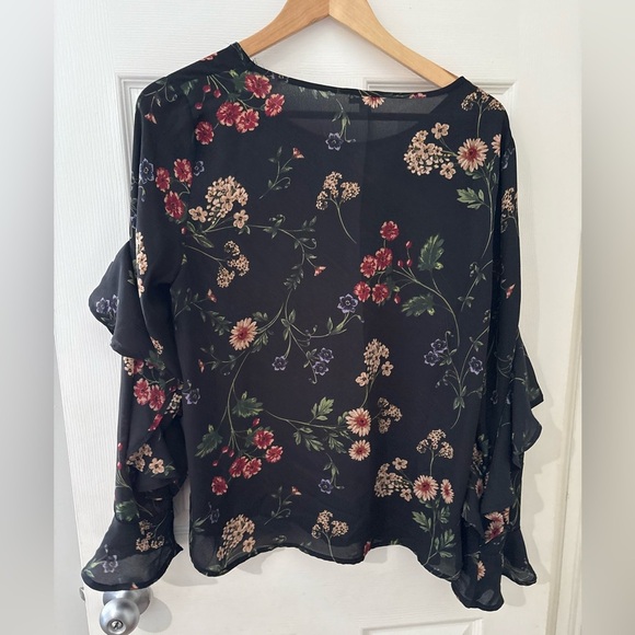 Spense black floral sheer long sleeve ruffle top size large - Picture 2 of 8